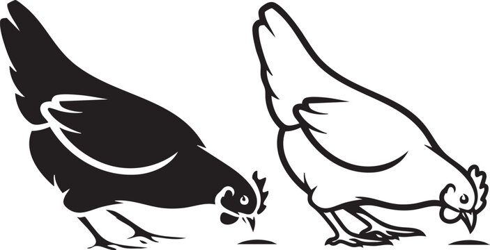 Two chickens foraging black and white line art silhouette on a white background