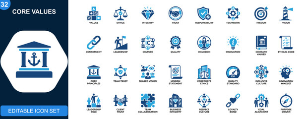 Core values icon set, ethics, integrity, trust, responsibility, teamwork, mission, vision, commitment, leadership. Outline icons collection. Vector. © JIm Studio