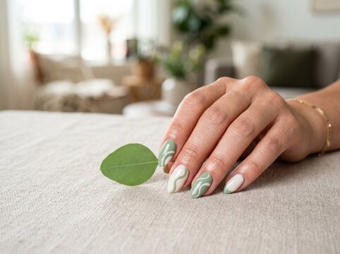 Elegant Manicure with Green and White Abstract Swirl Design on Almond Shaped Nails