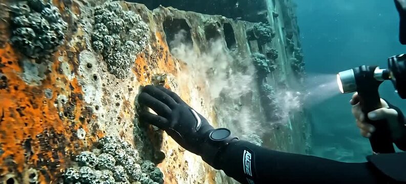 Professional Scuba Diver Exploring Sunken Shipwreck with Flashlight