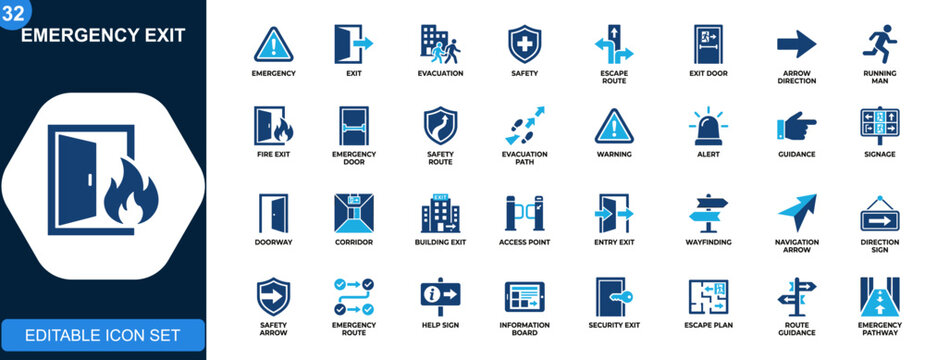 Emergency exit icon set, evacuation routes, running figure, door arrow, safety direction, escape path guidance. Icons collection. Vector.