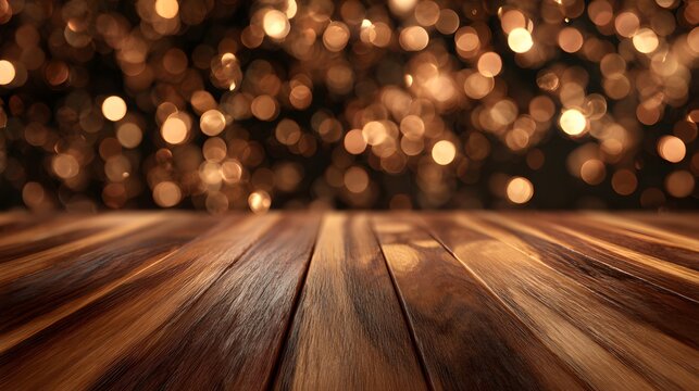 Wooden table with golden bokeh lights background golden lights