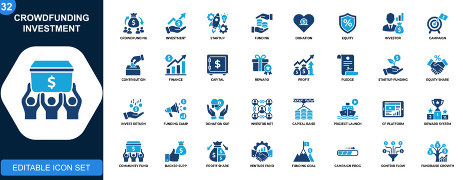 Crowdfunding investment icon set, startup funding, donations, equity, campaign, investor, contribution, rewards. Solid icons collection. Vector.