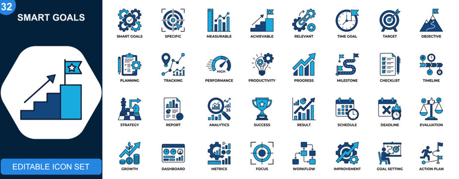 SMART goals icon set, specific measurable achievable relevant time, planning, tracking, performance, productivity. Icons collection. Vector.