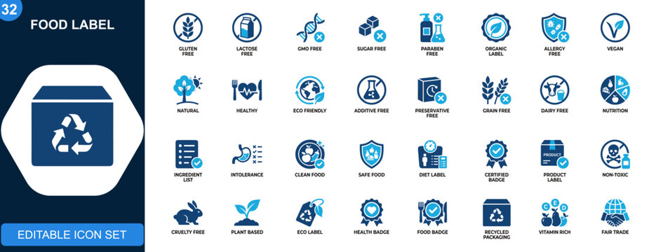 Free from food label icons set, gluten free, lactose free, GMO free, sugar free, paraben free, organic, allergy safe, dietary badges. Icons collection. Vector.