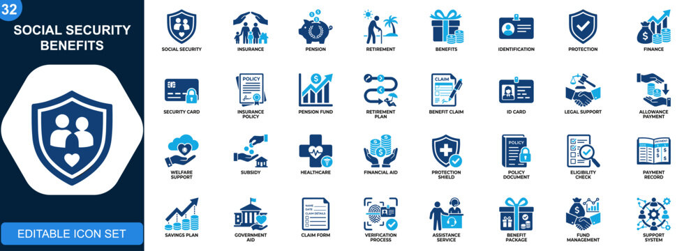 Social security benefits icon set, insurance, pension, retirement, identification, financial protection, legal support, allowance services. Icons collection. Vector.