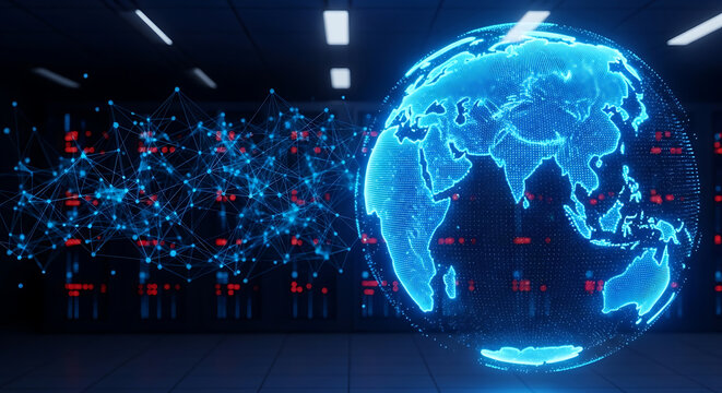 Futuristic digital glowing blue globe representing global network connectivity and big data visualization in a server room with technology connection internet futuristic communication information