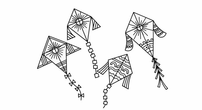 Four decorative kites with patterns are drawn in black and white
