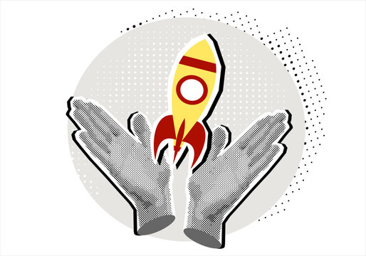 Trendy Halftone Collage hand launching Rocket, ship. Startup business.