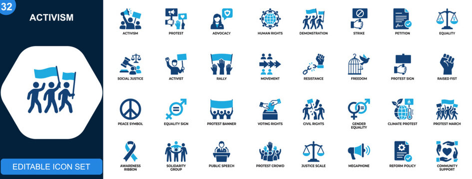 Activism icon set, protest, advocacy, human rights, demonstration, strike, petition, equality, social justice. Solid icons collection. Vector.