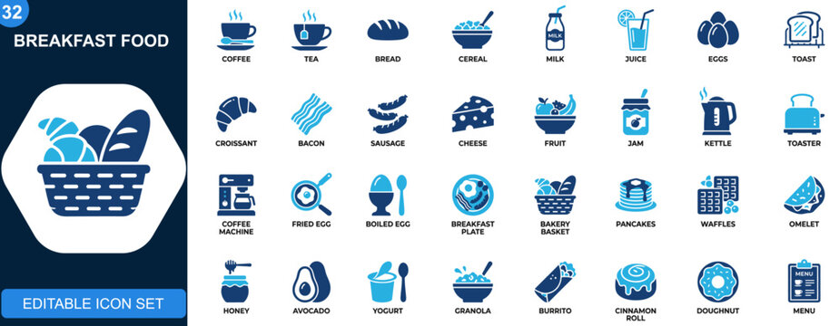 Breakfast food icon set, coffee, tea, bread, cereal, juice, eggs, bakery, dairy, morning meal elements. Solid icons collection. Vector.
