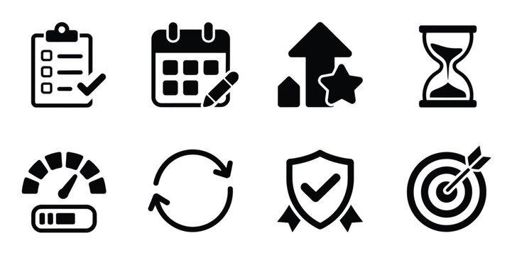 Project management and productivity black icons set vector illustration minimal silhouette style representing workflow planning organization and business efficiency concept