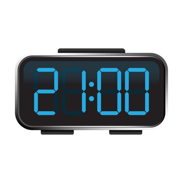 Digital alarm clock with blue numbers showing 21 00 vector. Perfect for time management apps and UI design projects.