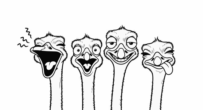 Four cartoon ostriches with comical expressions, isolated on white