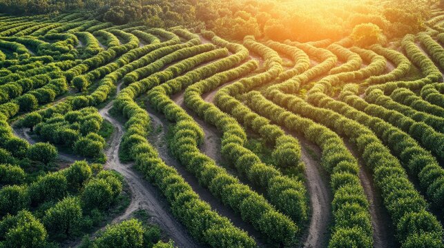 Expansive coffee plantation viewed from above with winding rows of lush green bushes bathed in warm sunlight.