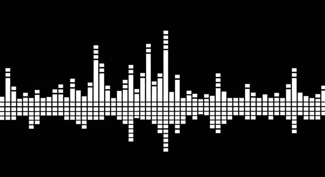 Digital Sound Equalizer Bars in White Square Pixels on Solid Black Background