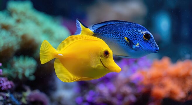 Vibrant Yellow and Blue Tang Fish Swim Together in a Colorful Coral Reef Aquarium.