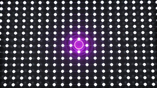 Vibrating white dot grid with glowing purple anomaly on black background technology concept