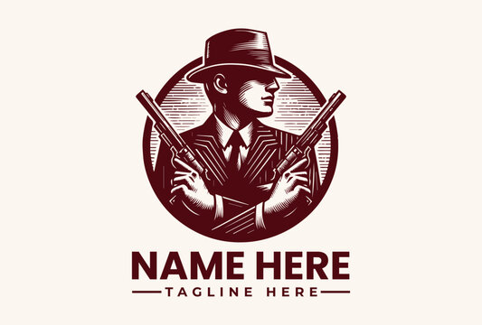 Vintage gangster logo with man holding guns.