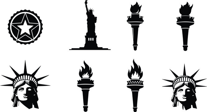 Statue of liberty icons and flaming torch symbols set for american travel vector illustration.