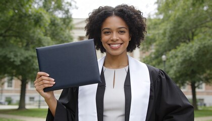 Fototapeta premium Young Black woman smiling with diploma at graduation. Female student in academic gown and stole on university campus. Higher education achievement and success concept