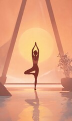 Minimalist illustration of a woman practicing yoga at sunset, mindfulness and wellness concept.