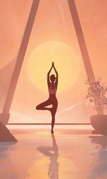Minimalist illustration of a woman practicing yoga at sunset, mindfulness and wellness concept.