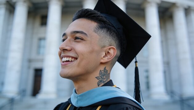 Smiling young male graduate in cap and gown. Hispanic student with neck tattoo in front of university building with columns. Academic success and achievement concept