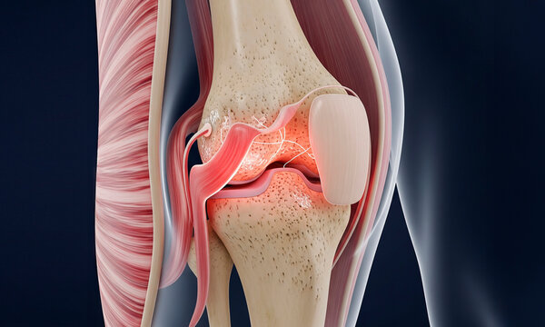Close-up 3D render of a human knee joint featuring femur, tibia, and patella with a glowing red highlight on the painful area. This medical visualization is ideal for healthcare content.