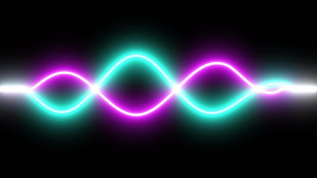 Animated double neon sine waves in pink and cyan oscillating seamlessly on a black background. A stylish glowing helix pattern serving as a musical or scientific technological visualization element
