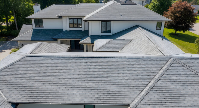 Aerial view of a modern luxury house with a grey shingle roof