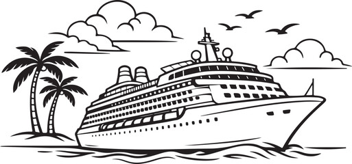 A cruise ship with palm tree clouds and birds silhouette vector. © Ajmot