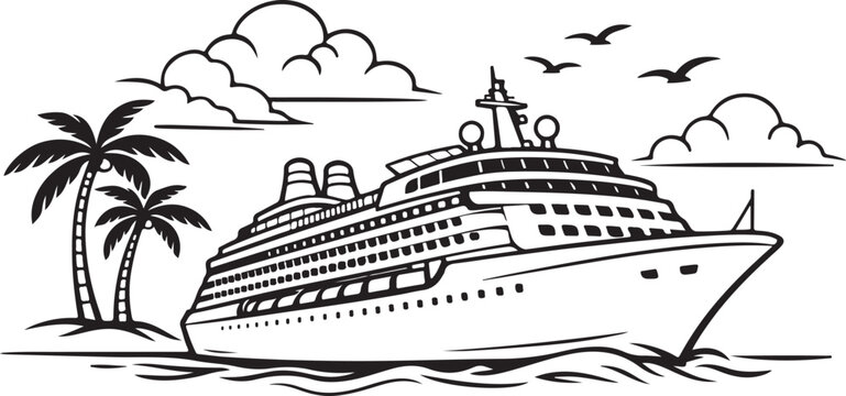 A cruise ship with palm tree clouds and birds silhouette vector.