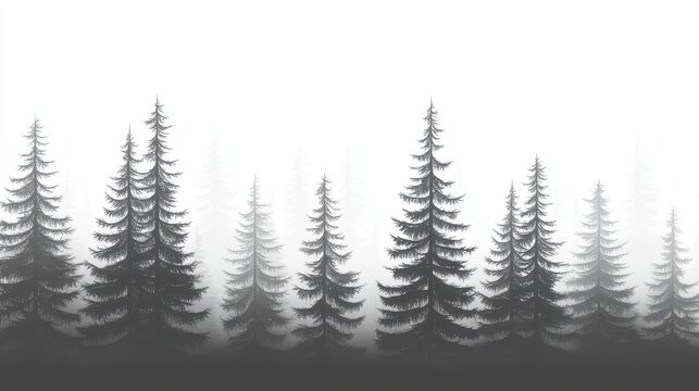 Misty evergreen forest silhouettes shrouded in atmospheric fog and smoke.