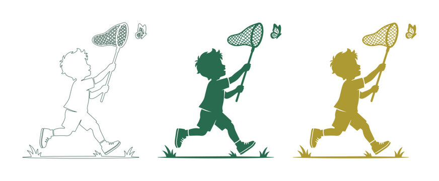 Playful child butterfly catching vector illustration set, young boy chasing butterflies with net, outdoor summer activity, nature exploration, childhood adventure graphic resource isolated PNG