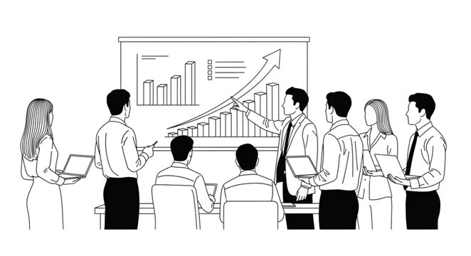 Business professionals attend meeting with presentation and charts