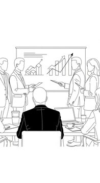 Business people gathered around presentation chart showing growth in meeting