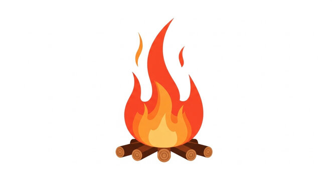 Campfire burning brightly with orange and red flames on white background.