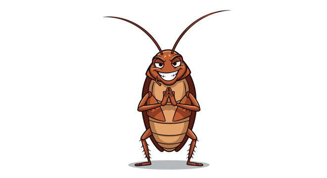 Mischievous cartoon cockroach standing with a sly grin and hands pressed together in a scheming pose.