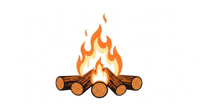 Campfire burning with logs and flames on white background.