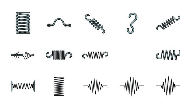 Industrial metal springs collection with various coil shapes, tension hooks, and mechanical components for engineering and technical applications.