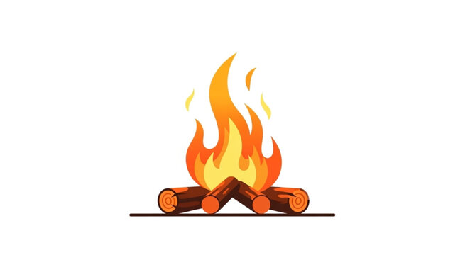 Campfire with bright orange flames and logs on a white background.