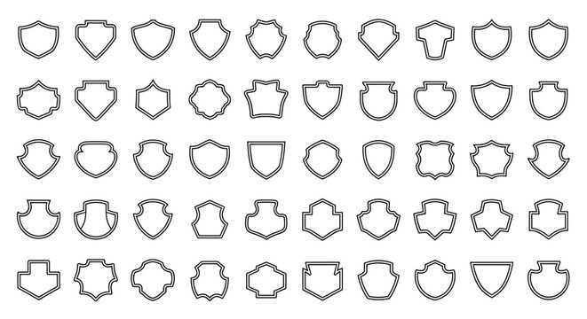 Comprehensive set of various shield and crest outline shapes for heraldry, logos, emblems, and protective symbols design.