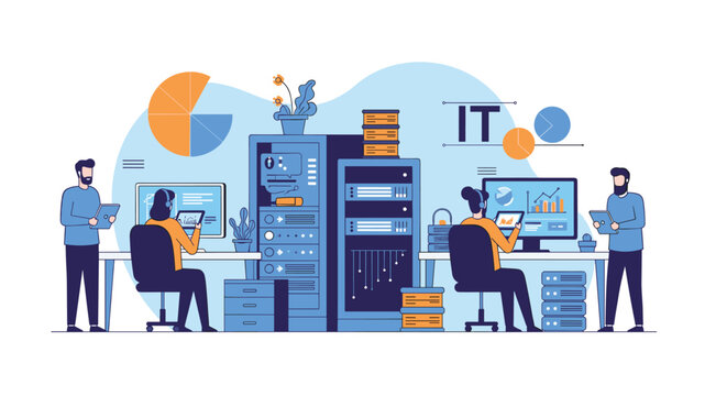 Information technology team working in a server room with data charts and modern hardware as a concept for it support.