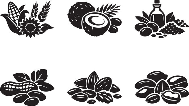 Various edible nuts seeds and plant produce vector icons for food and agriculture silhouette vector