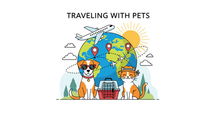 Fototapeta premium Illustration about traveling with pets showing a dog and cat in front of a globe with planes and luggage.