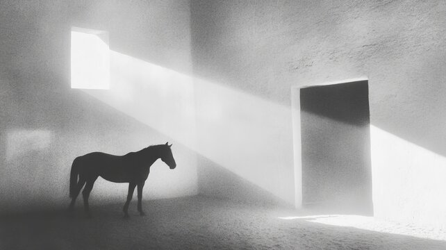 Dramatic black and white horse silhouette in sunlit minimalist space