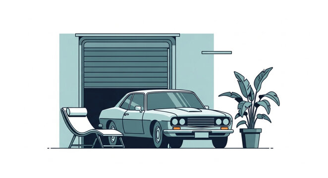 Car parked inside a garage with a plant and chair.