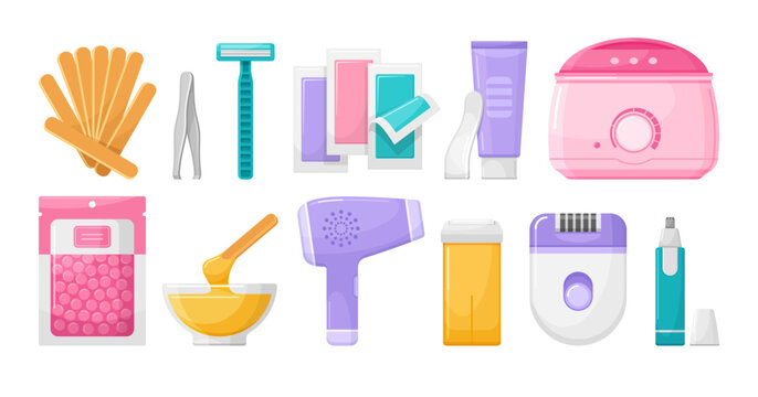 Depilation equipment collection for hair removal featuring various tools and products used in personal care routines