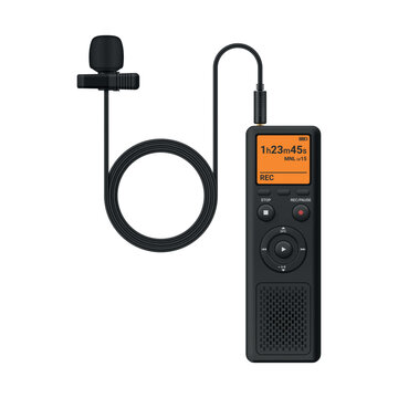 Digital voice recorder with loop mount on white background for effective recording of audio files during interviews, podcasts or video shooting